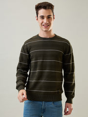 Olive Striped Regular Fit Pullover