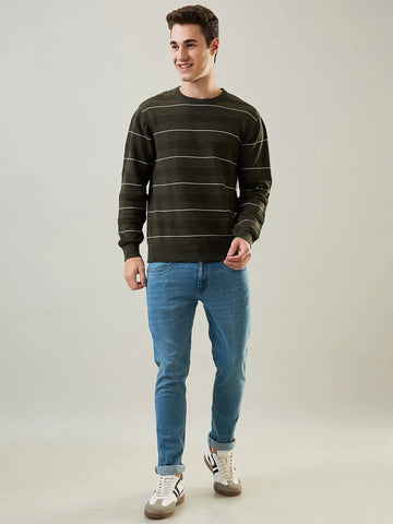Olive Striped Regular Fit Pullover Tim Paris