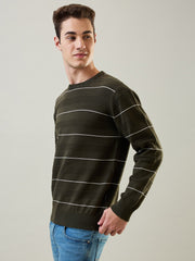Olive Striped Regular Fit Pullover
