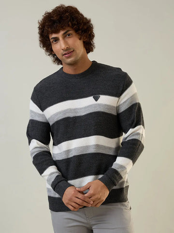 Black Melange Striped Regular Fit Pullover Tim Paris