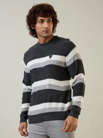 Black Melange Striped Regular Fit Pullover Tim Paris