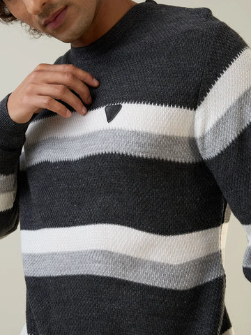Black Melange Striped Regular Fit Pullover Tim Paris