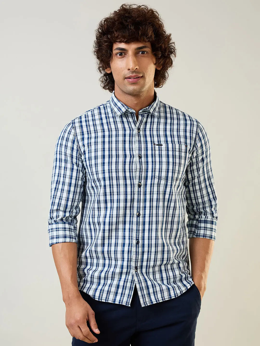 Indigo Checkered Regular Fit Shirt TIM PARIS