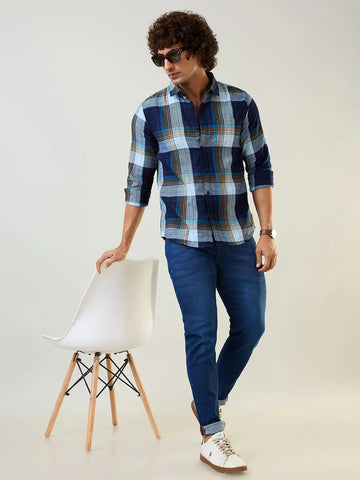 Indigo Checkered Regular Fit Shirt TIM PARIS