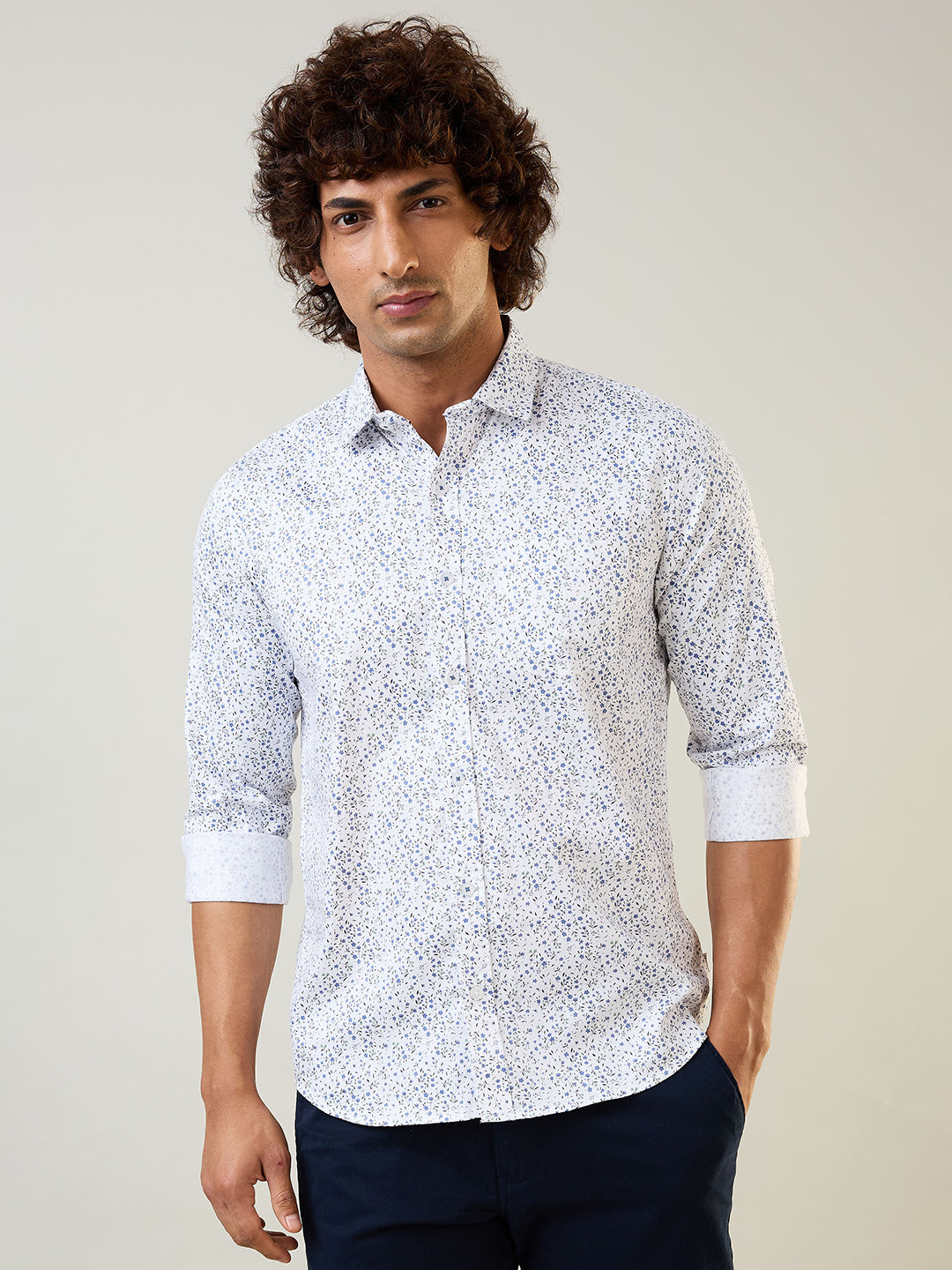 Micro Floral Printed Blue Shirt