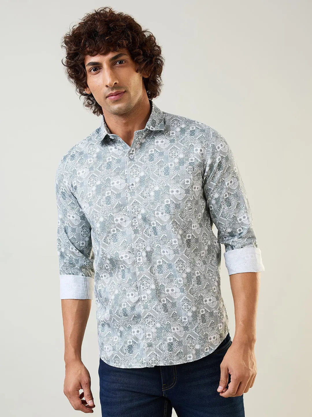 Green Printed Regular Fit Shirt TIM PARIS