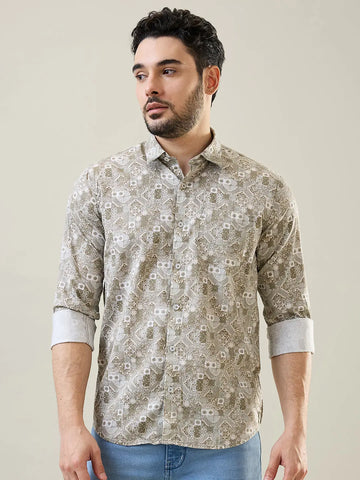 Olive Printed Regular Fit Shirt Tim Paris