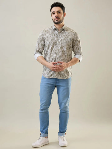Olive Printed Regular Fit Shirt Tim Paris