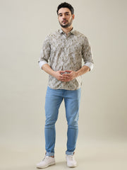 Olive Printed Regular Fit Shirt