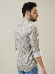 Olive Printed Regular Fit Shirt