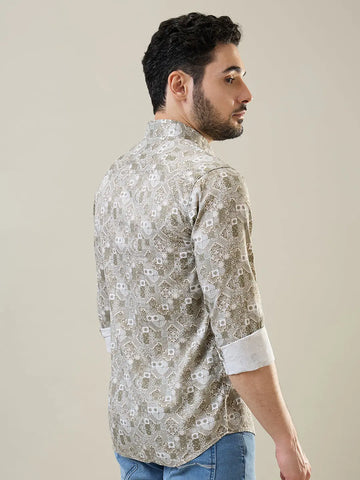 Olive Printed Regular Fit Shirt Tim Paris