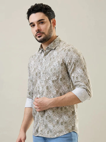 Olive Printed Regular Fit Shirt Tim Paris