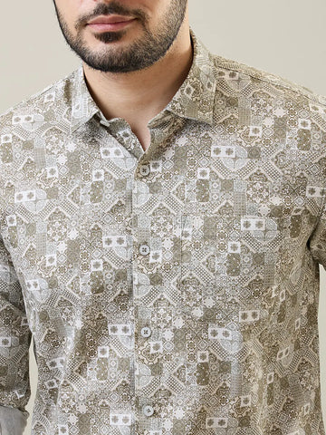Olive Printed Regular Fit Shirt Tim Paris