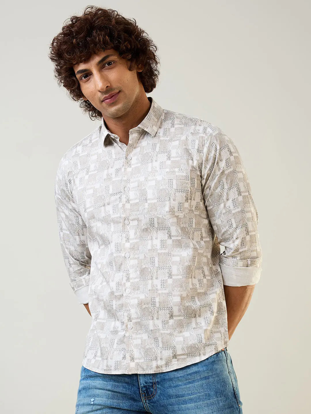Beige Printed Regular Fit Shirt TIM PARIS