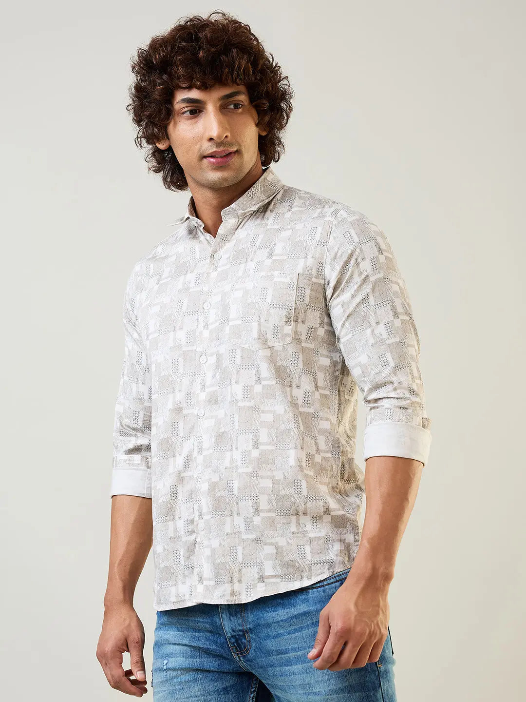 Beige Printed Regular Fit Shirt TIM PARIS