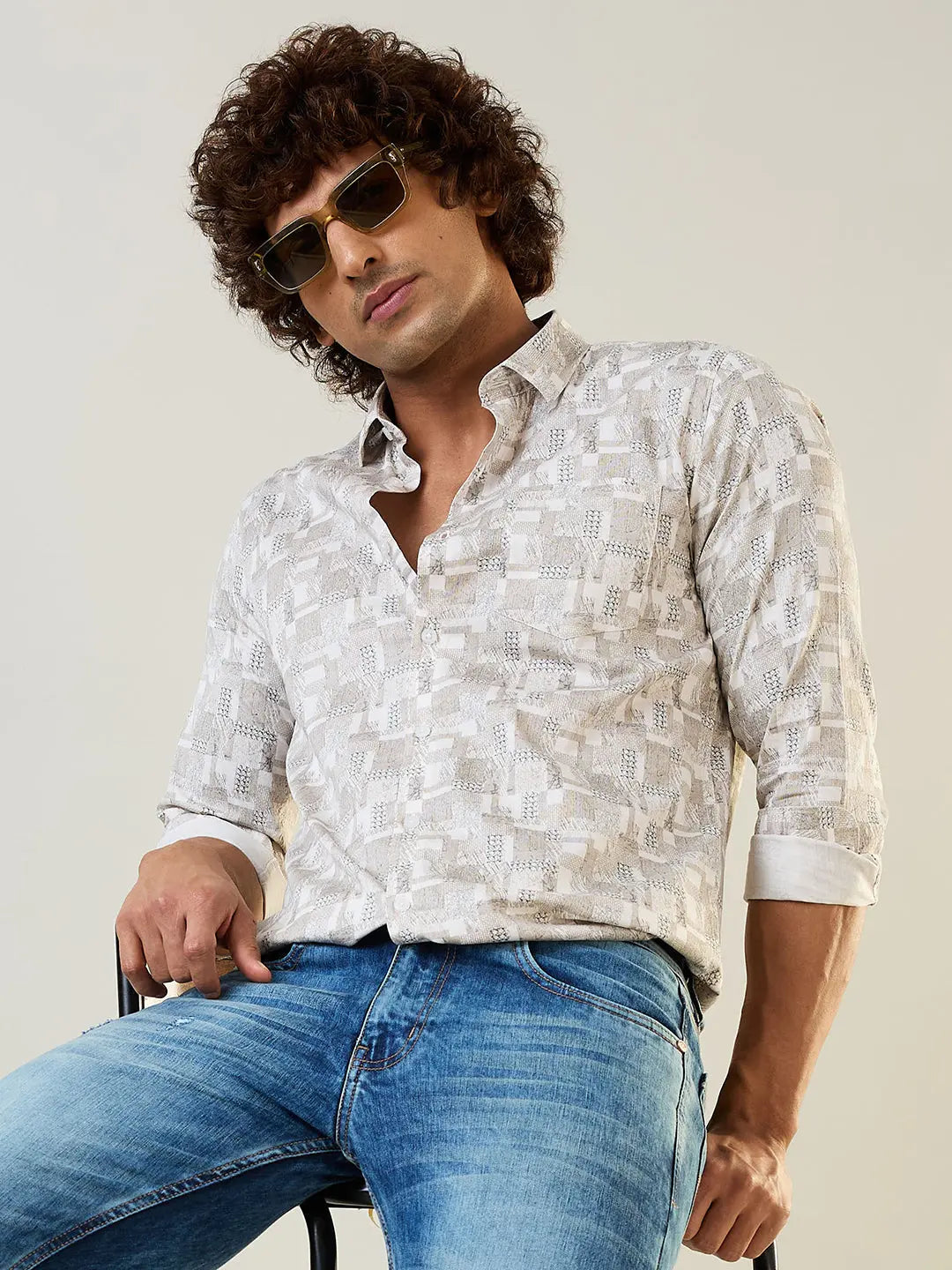 Beige Printed Regular Fit Shirt TIM PARIS