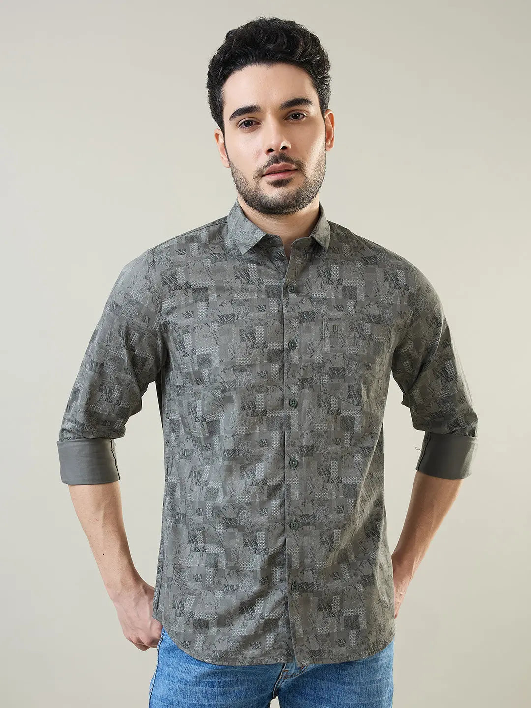 Green Printed Regular Fit Shirt TIM PARIS