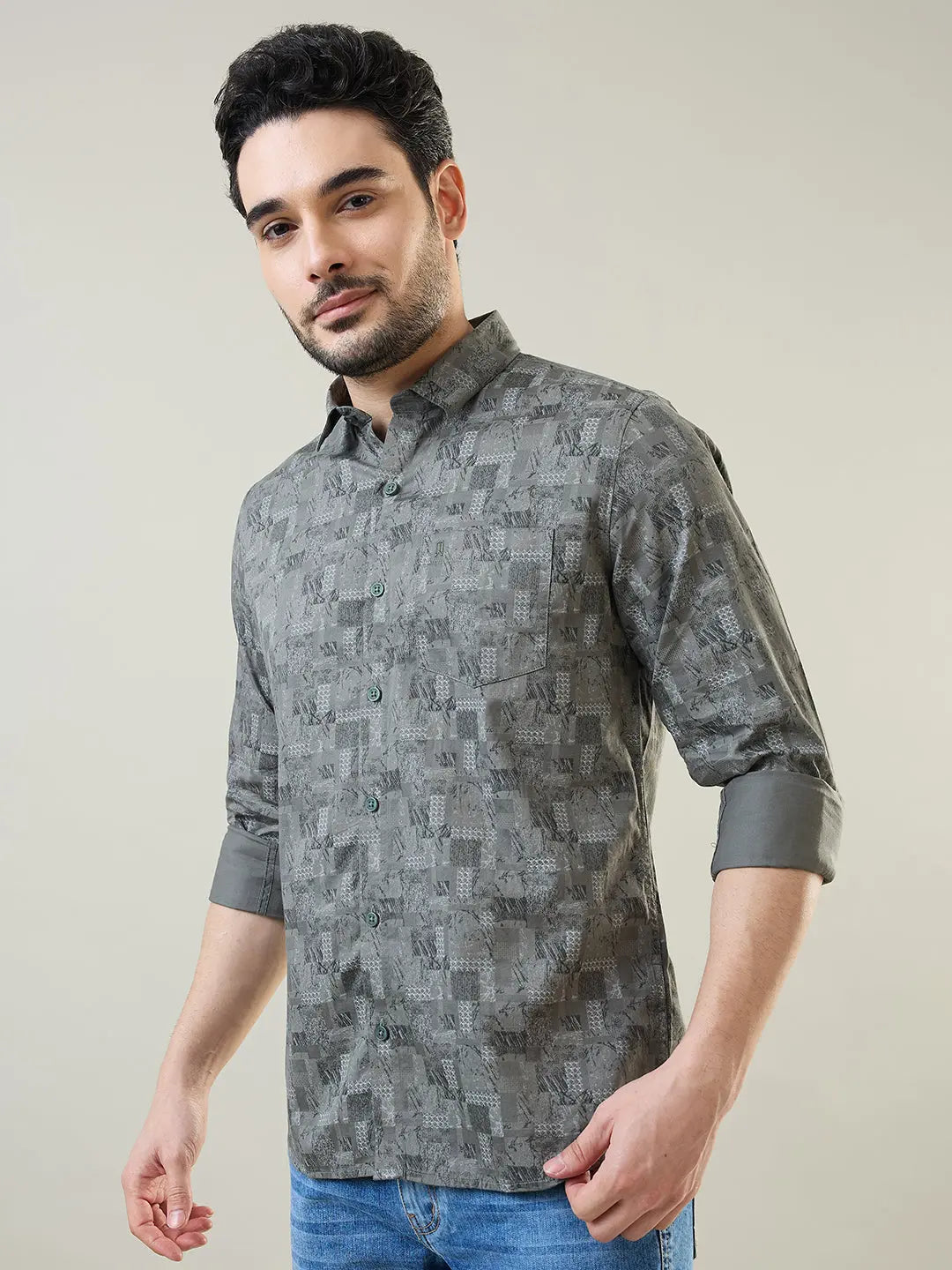 Green Printed Regular Fit Shirt TIM PARIS