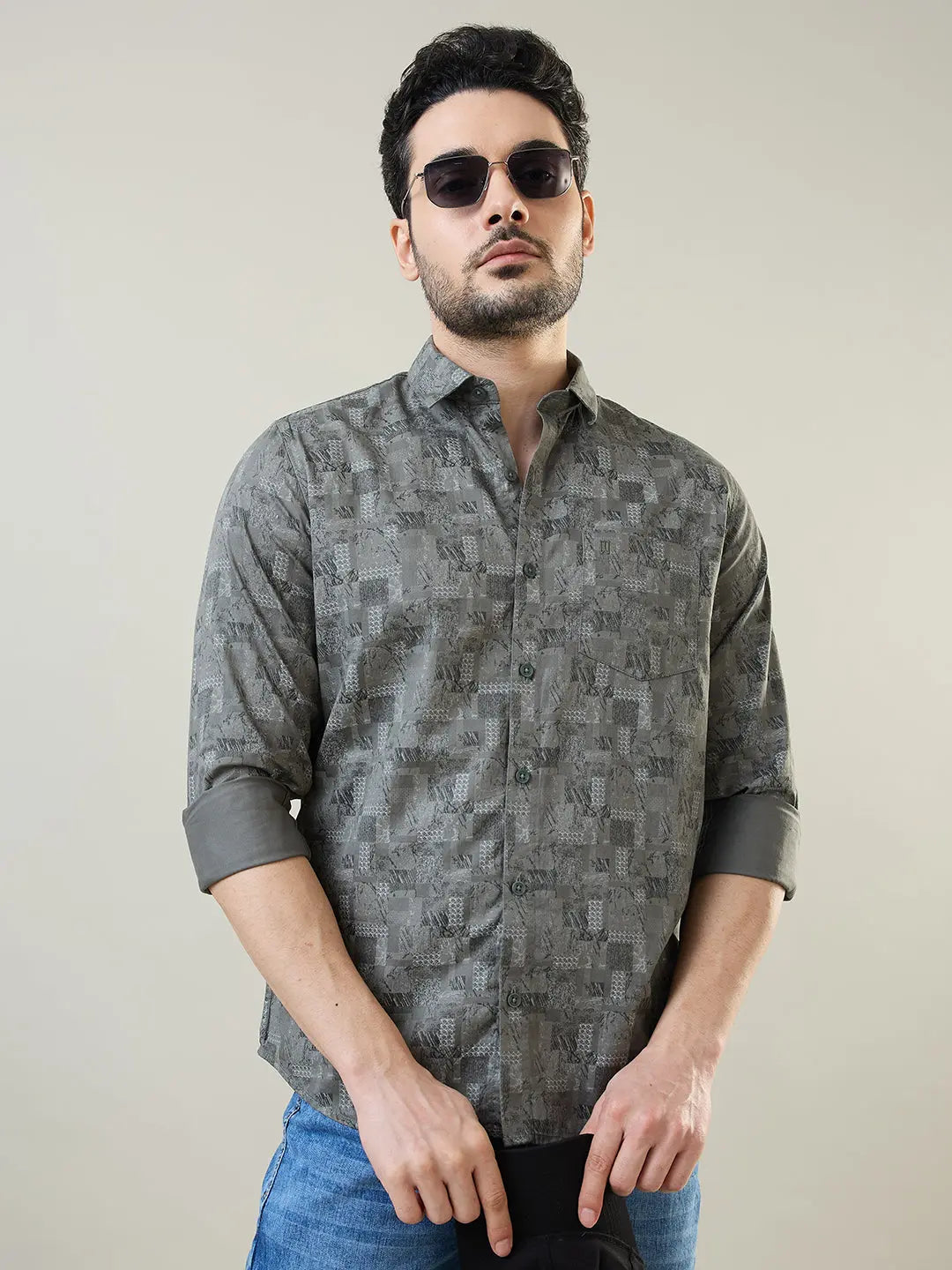 Green Printed Regular Fit Shirt TIM PARIS