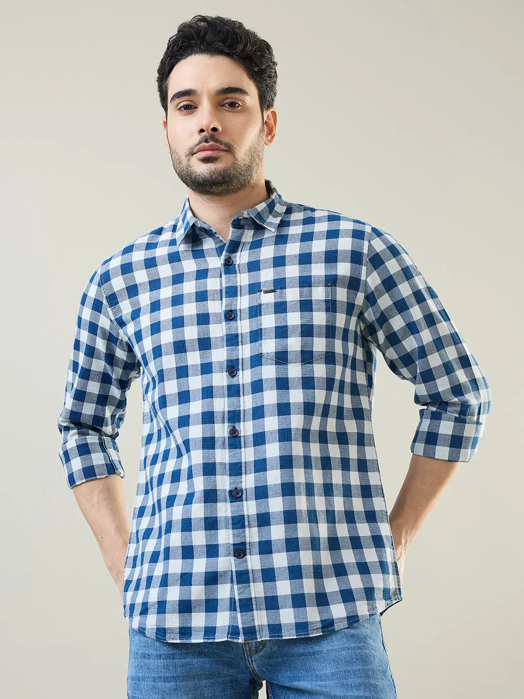 Indigo Checkered Regular Fit Shirt TIM PARIS