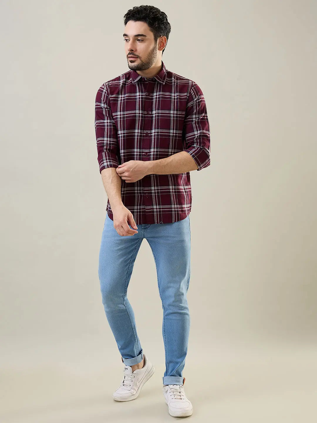 Maroon Checkered Regular Fit Shirt TIM PARIS