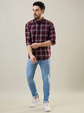 Maroon Checkered Regular Fit Shirt TIM PARIS