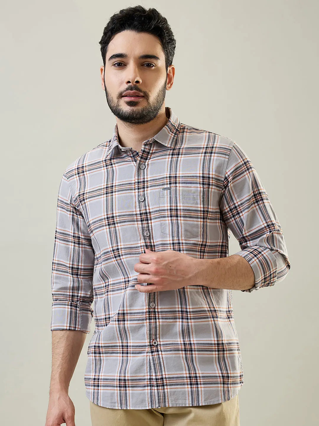 Grey Checkered Regular Fit Shirt TIM PARIS