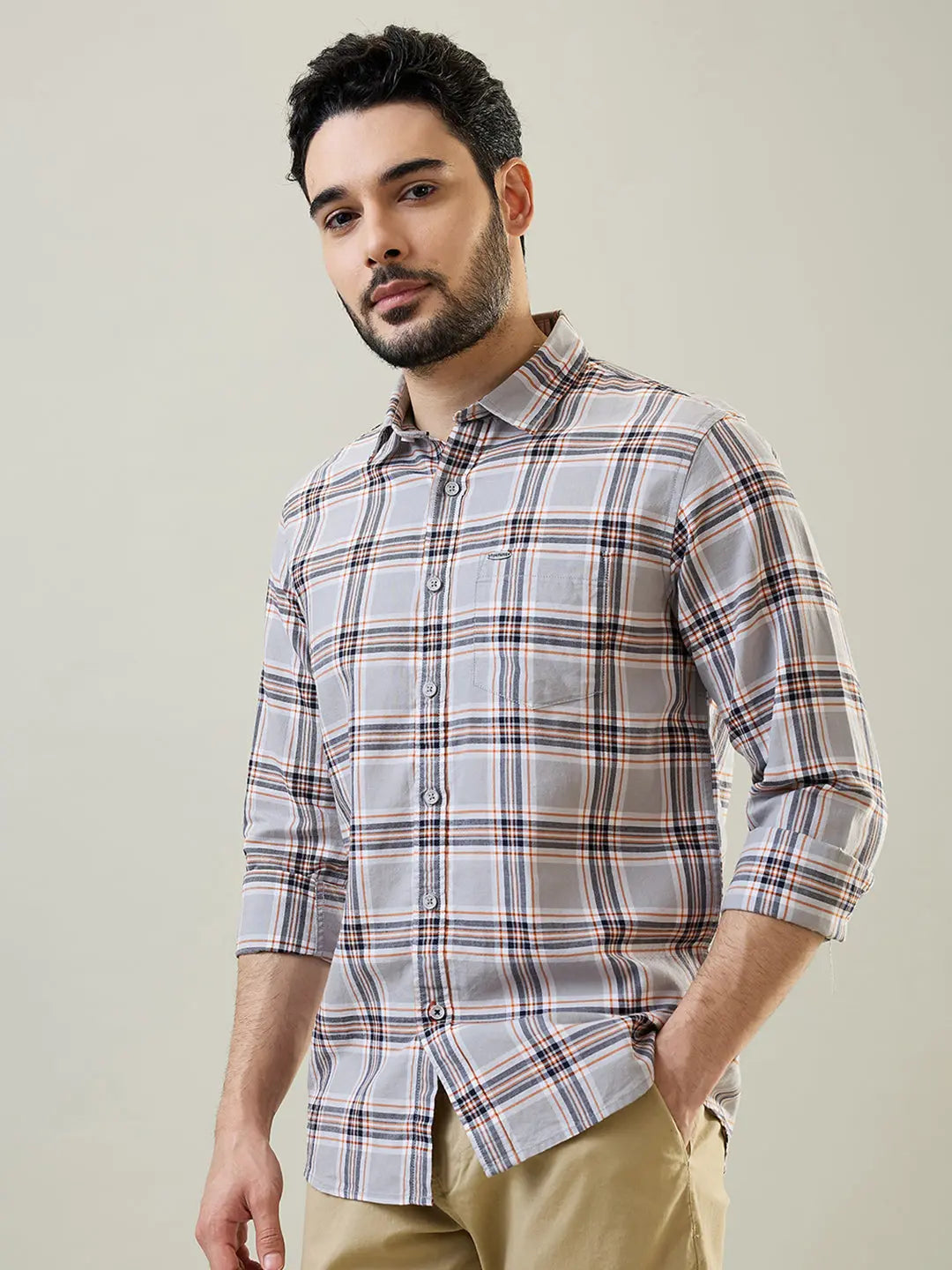 Grey Checkered Regular Fit Shirt TIM PARIS