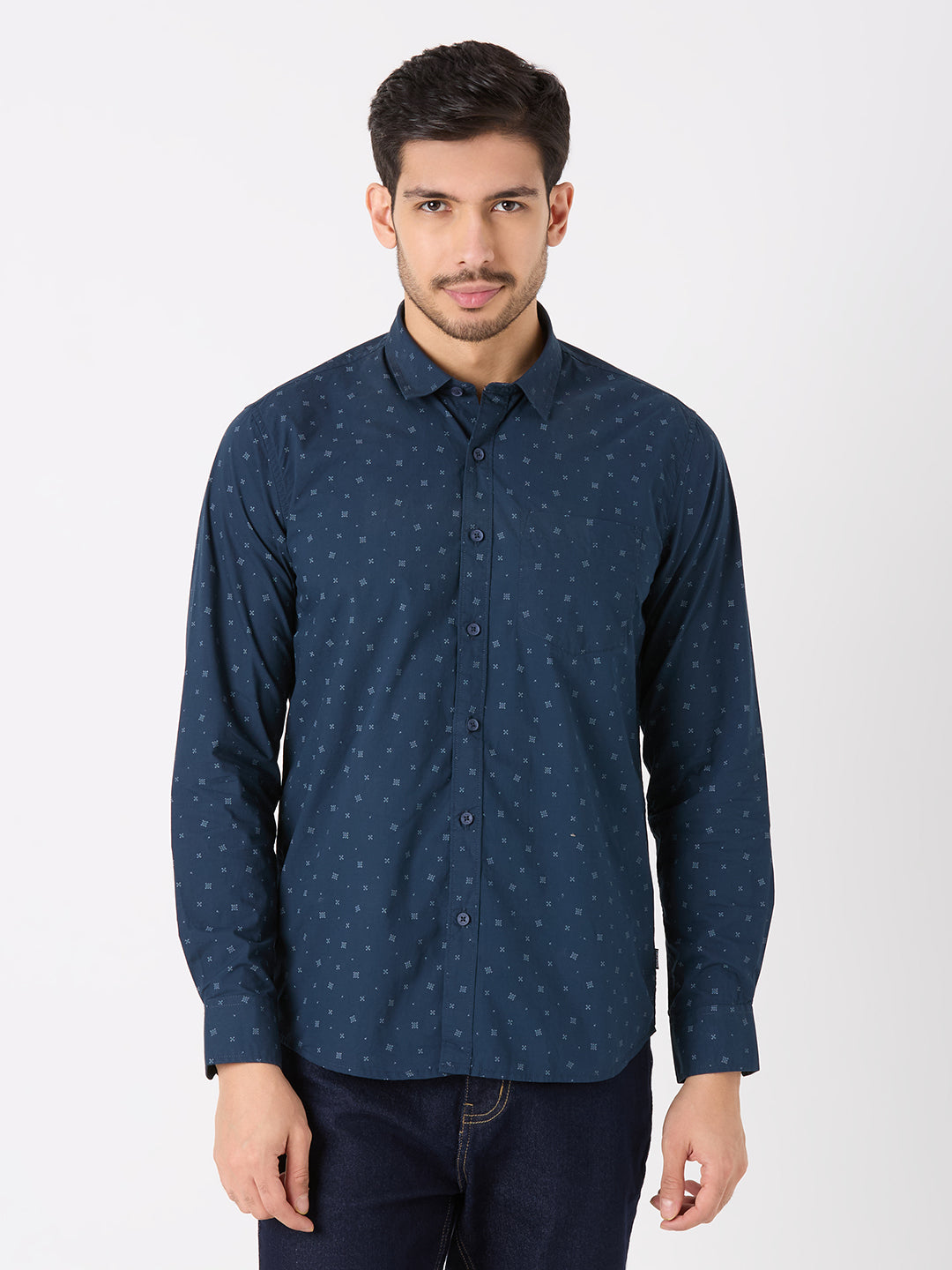 Blue Printed Regular Fit Shirt