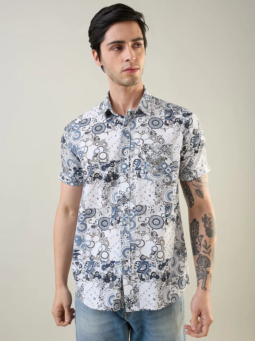 Blue Printed Regular Fit Shirt Tim Paris