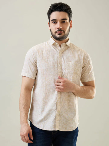 Beige Printed Half Sleeve Shirt Tim Paris