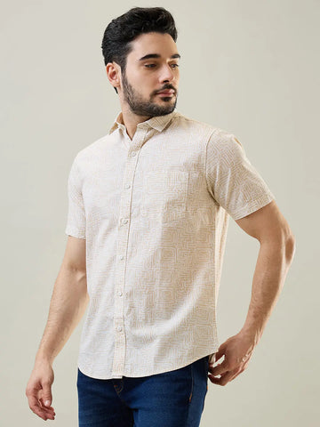 Beige Printed Half Sleeve Shirt Tim Paris