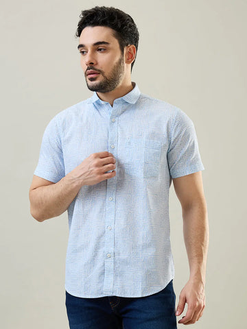 Sky Blue Printed Half Sleeve Shirt Tim Paris