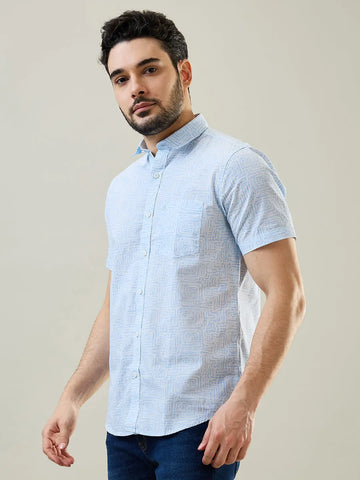 Sky Blue Printed Half Sleeve Shirt Tim Paris