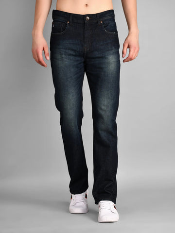A pair of men's straight fit indigo blue jeans with a mid-rise waist and a button fly closure.