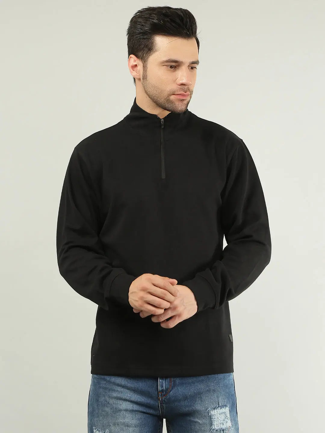 Black Solid Half Zipper Sweatshirt Tim Paris