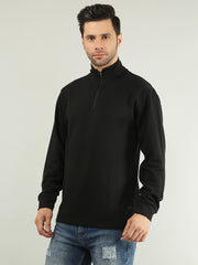 Black Solid Regular Fit Half Zipper Sweatshirt