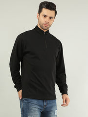 Black Solid Regular Fit Half Zipper Sweatshirt