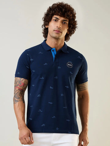 Navy Blue Polo Neck Self Design T Shirt TIM PARIS