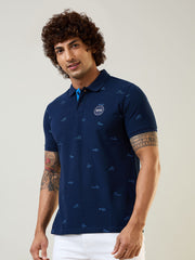 Navy Blue Polo Neck Self Design T Shirt