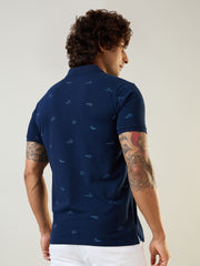 Navy Blue Polo Neck Self Design T Shirt
