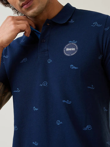 Navy Blue Polo Neck Self Design T Shirt TIM PARIS