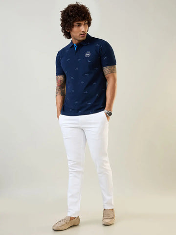 Navy Blue Polo Neck Self Design T Shirt TIM PARIS