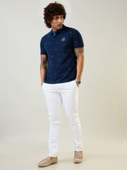 Navy Blue Polo Neck Self Design T Shirt