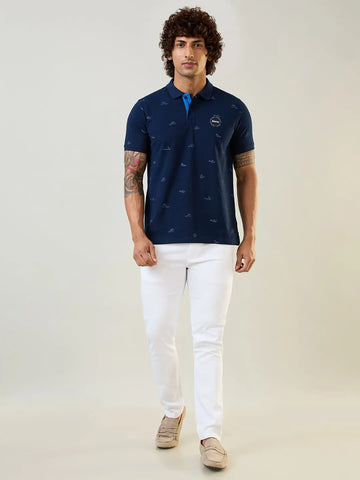 Navy Blue Polo Neck Self Design T Shirt TIM PARIS
