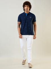 Navy Blue Polo Neck Self Design T Shirt