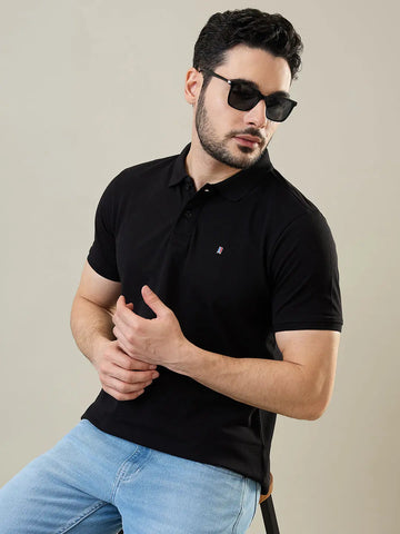 Black Solid Polo T-Shirt Tim Paris