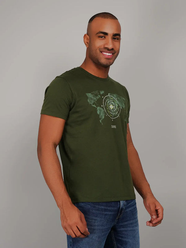 Dark Olive Round Neck Graphic Print T-Shirt Tim Paris