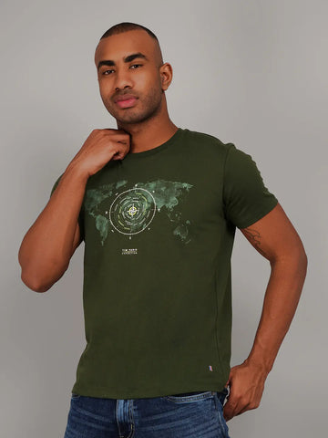 Dark Olive Round Neck Graphic Print T-Shirt Tim Paris