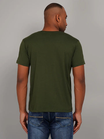 Dark Olive Round Neck Graphic Print T-Shirt Tim Paris